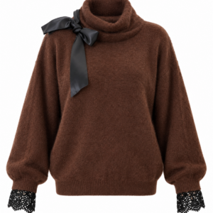 Czekoladowy sweter z czarną kokardą