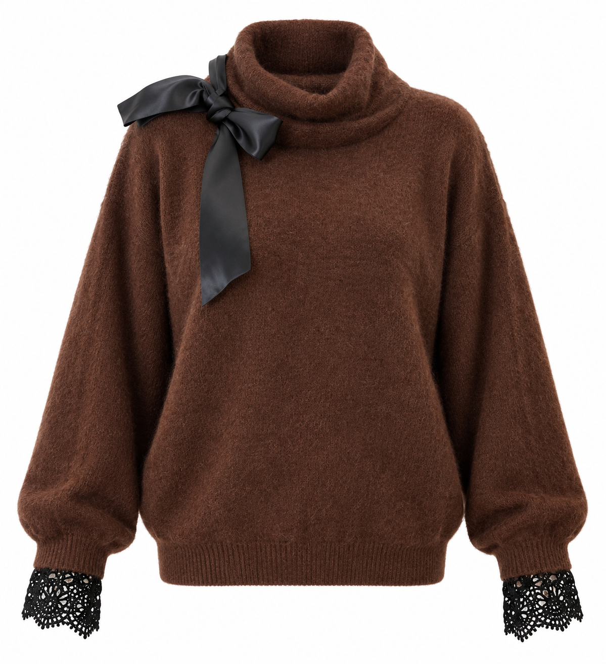 Czekoladowy sweter z czarną kokardą